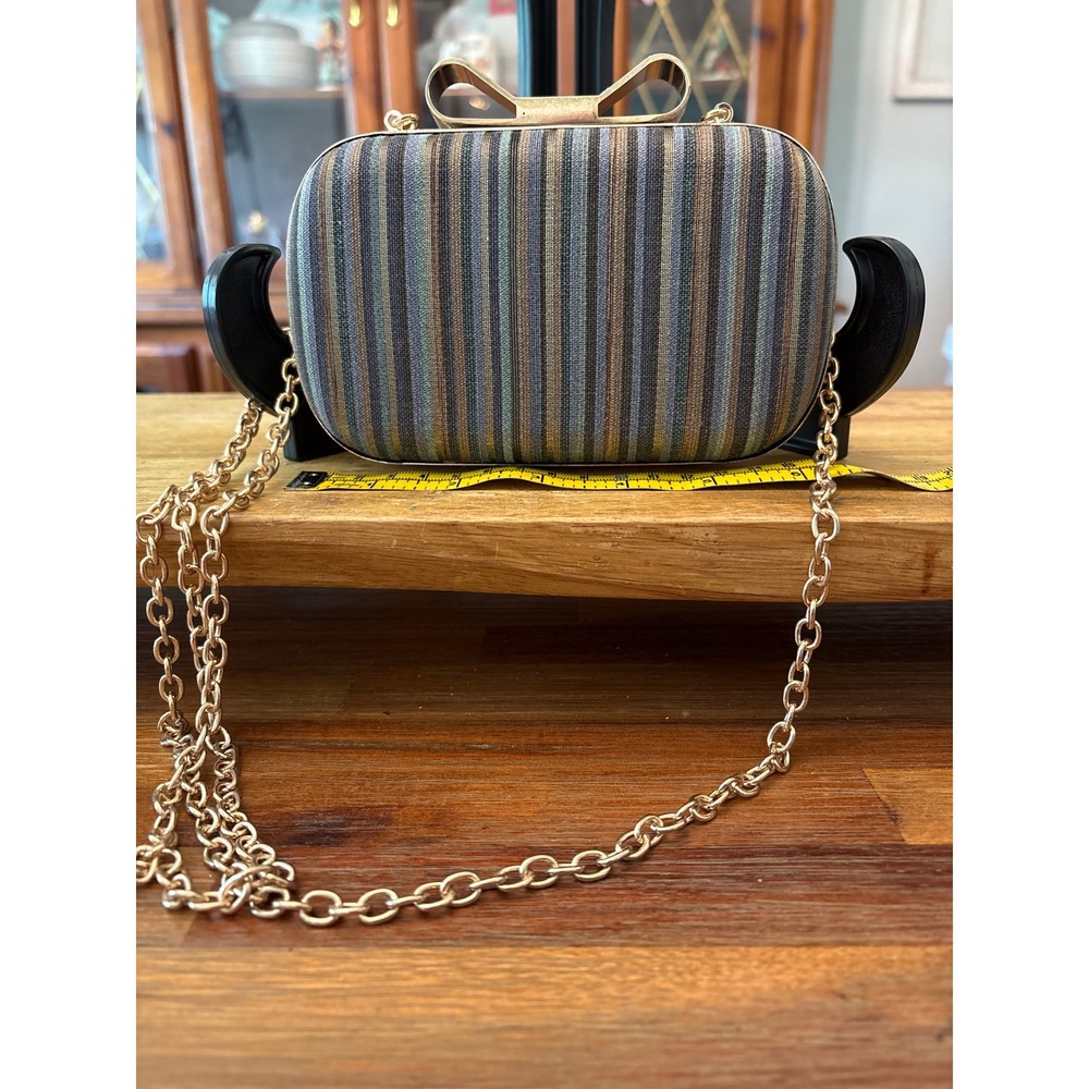 FABbyCAB Clutch Bag Womens Small Multicolor Good Bow Clasp Metallic Striped